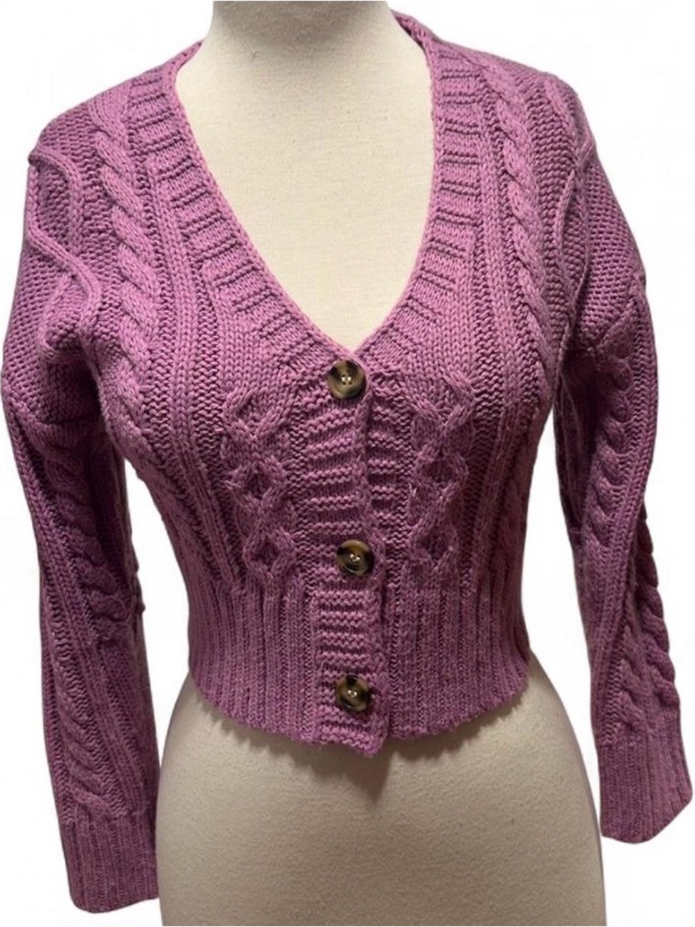 Women's Cable Knit V-Neck Button Front Sweater - Pink